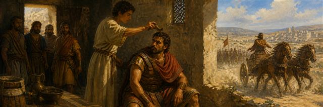 A young prophet pouring oil on Jehu as officers wait and chariots race toward Jezreel